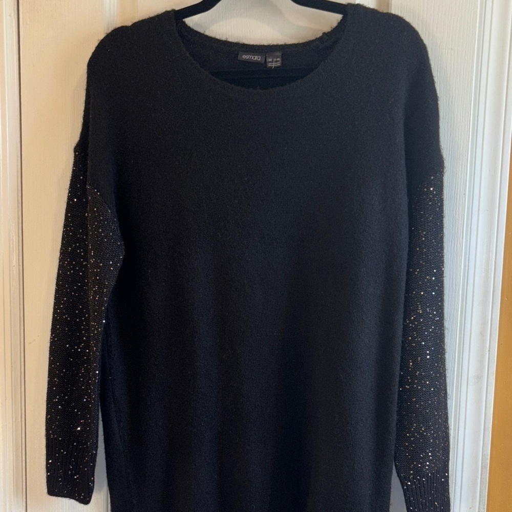 ESMARA BLACK SWEATER DRESS LONG SLEEVES WITH SEQUIN BLING SOFT MATERIAL SMALL
